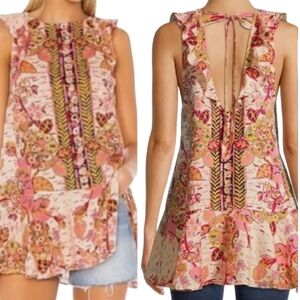 Free People Tulum Mini Dress Medium Pink Floral Linen Blend Sleeveless Popover